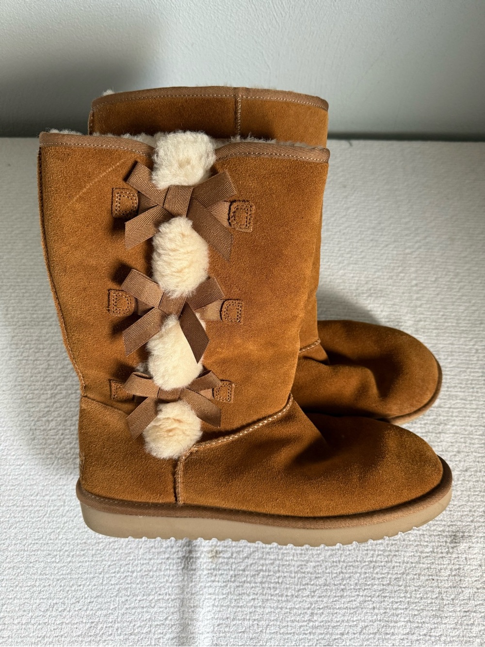 Koolaburra Chestnut Suede Faux Fur and Bow Winter Boots